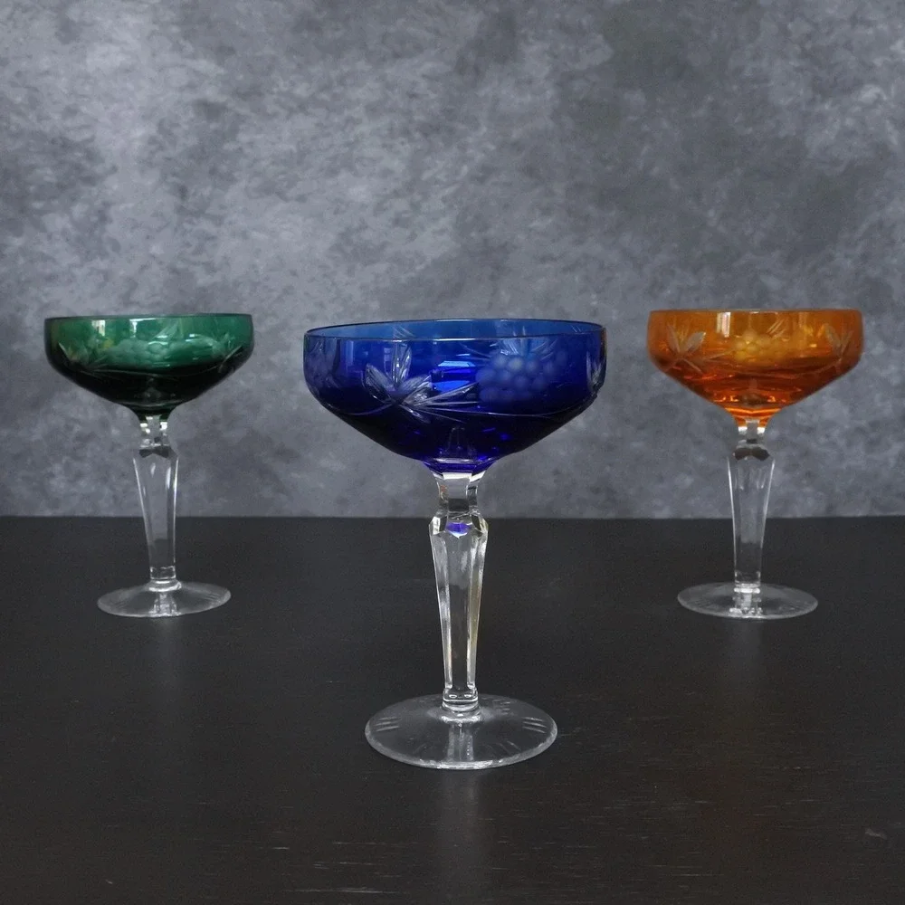 Vintage Crystal Cut To Clear Colorful Champagne Coupe Glasses Set
